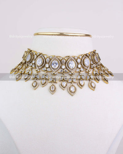 1236-W full front view of premium Victorian choker necklace with layered stone drops