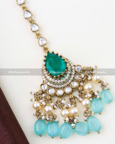 1285-MG premium mint Polki Kundan maang tikka close-up front view