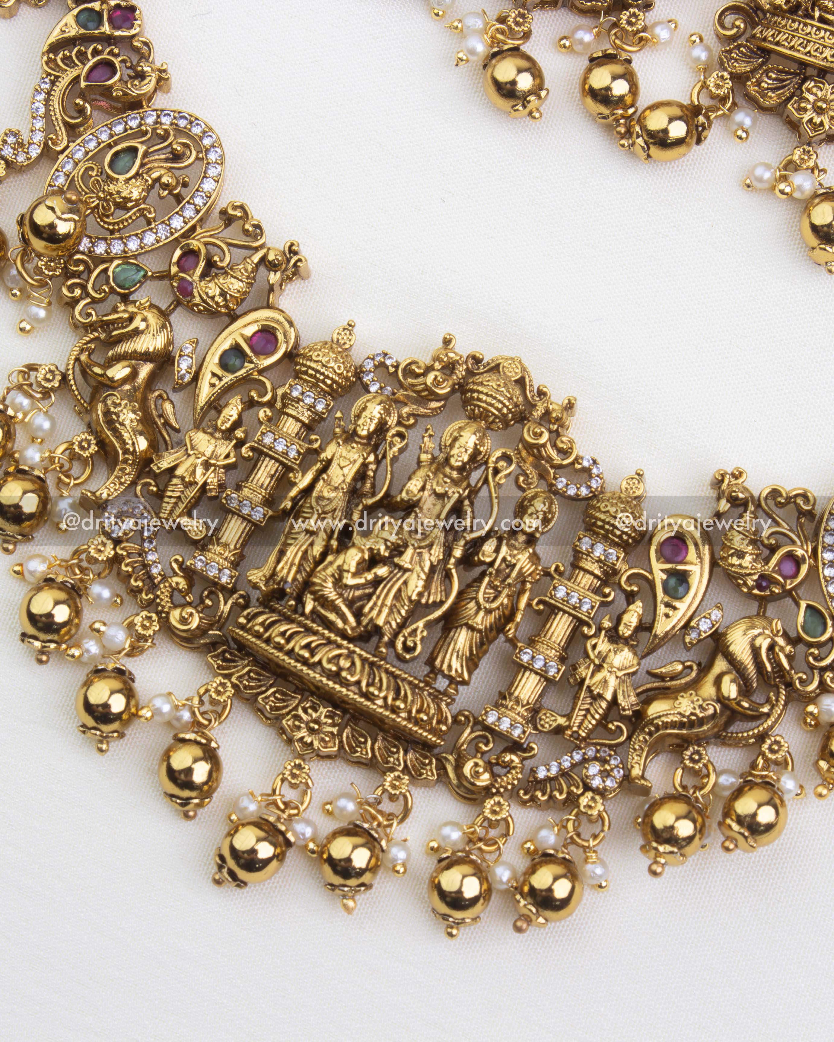 SKU 1247 detailed view of Ram Parivar idol centerpiece and bead drops on necklace