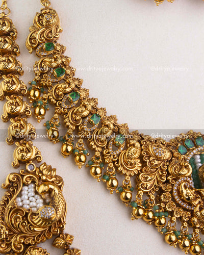 Detail of ornate temple necklace links with peacock motifs and bead drops 1244-SET