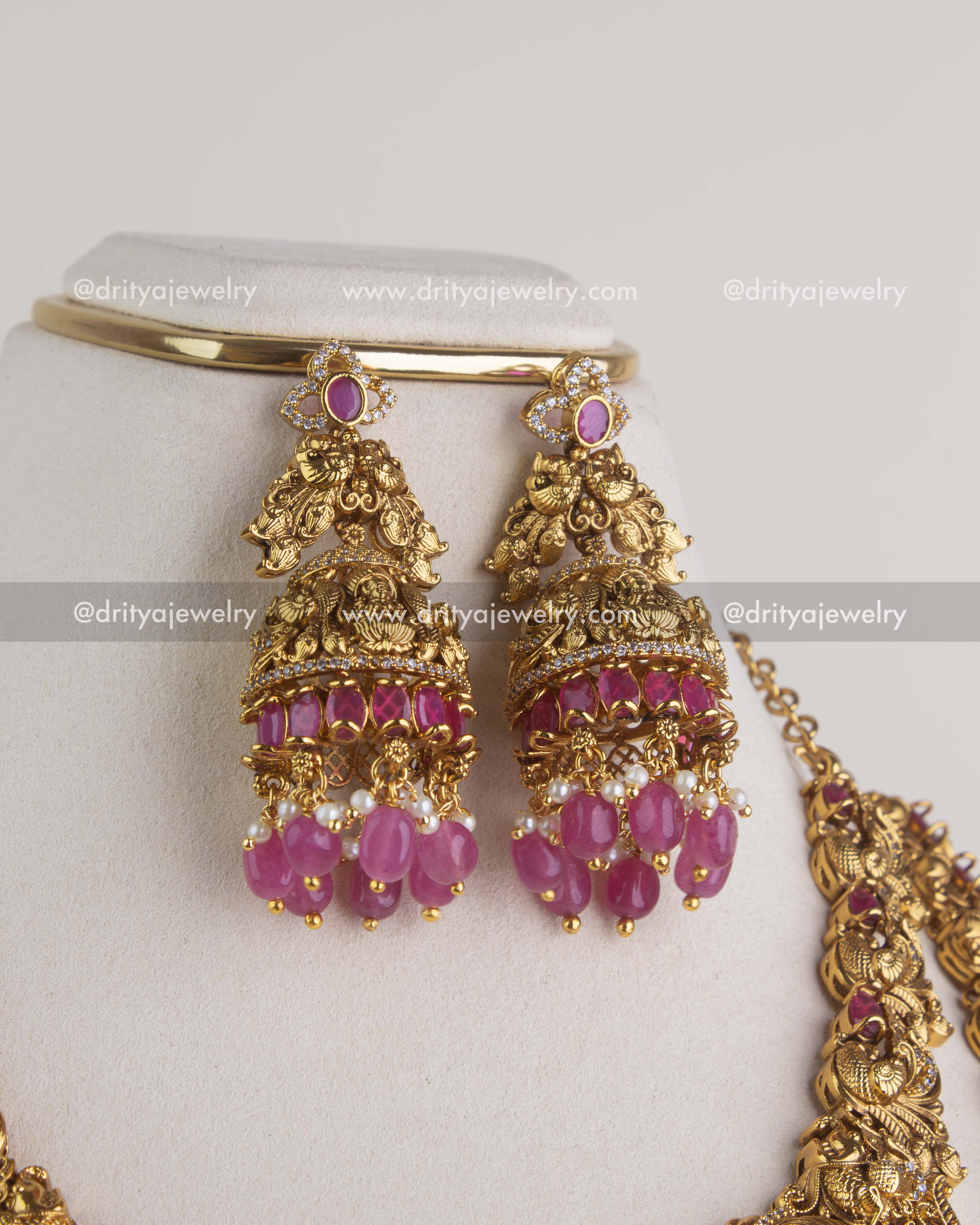 1207-SET - Necklace Set - Bridal jhumka style earrings with layered ruby-toned bead clusters