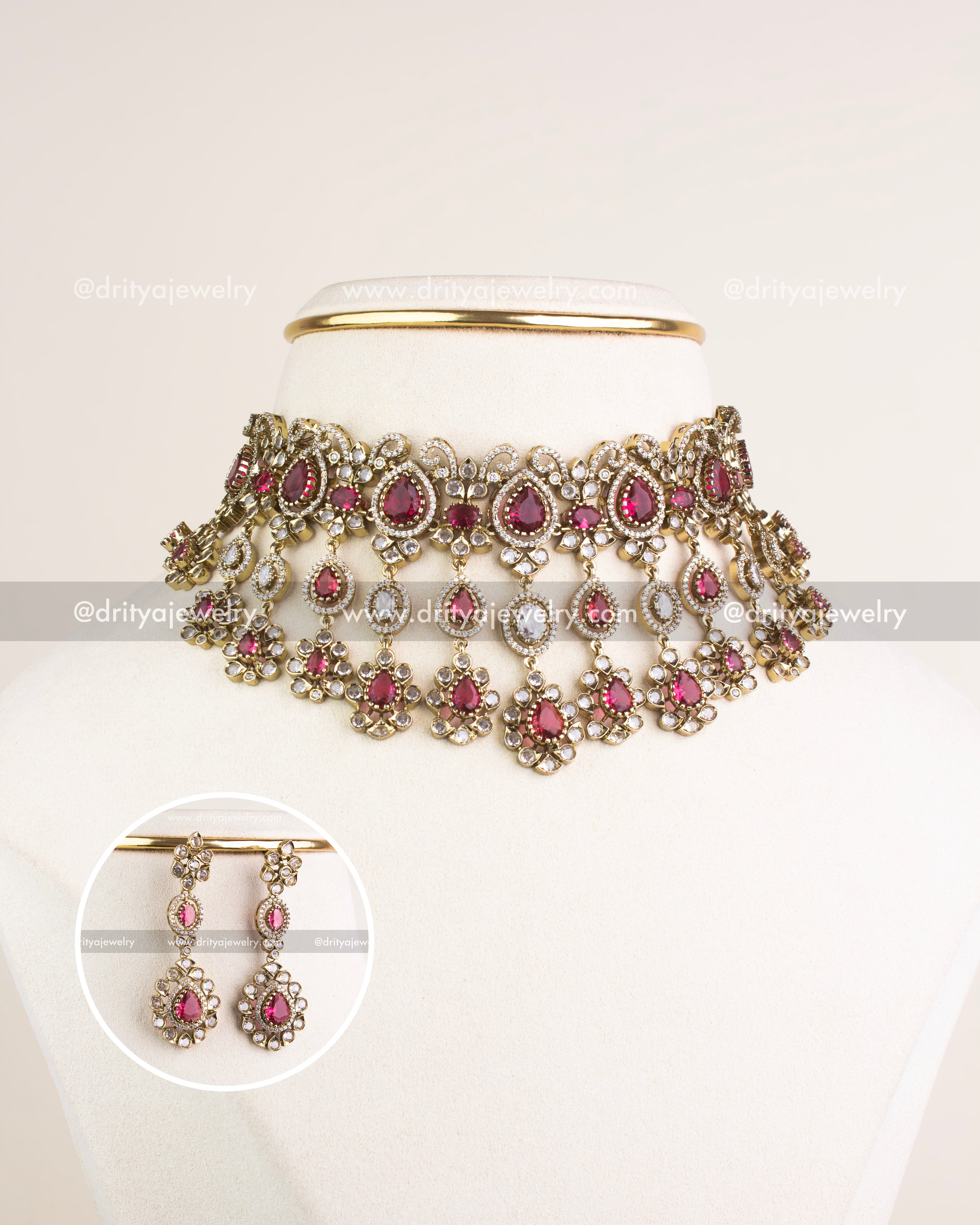 1096-R Victorian red stone choker necklace set with earrings front view