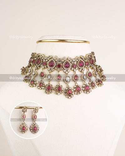 1096-R Victorian red stone choker necklace set with earrings front view