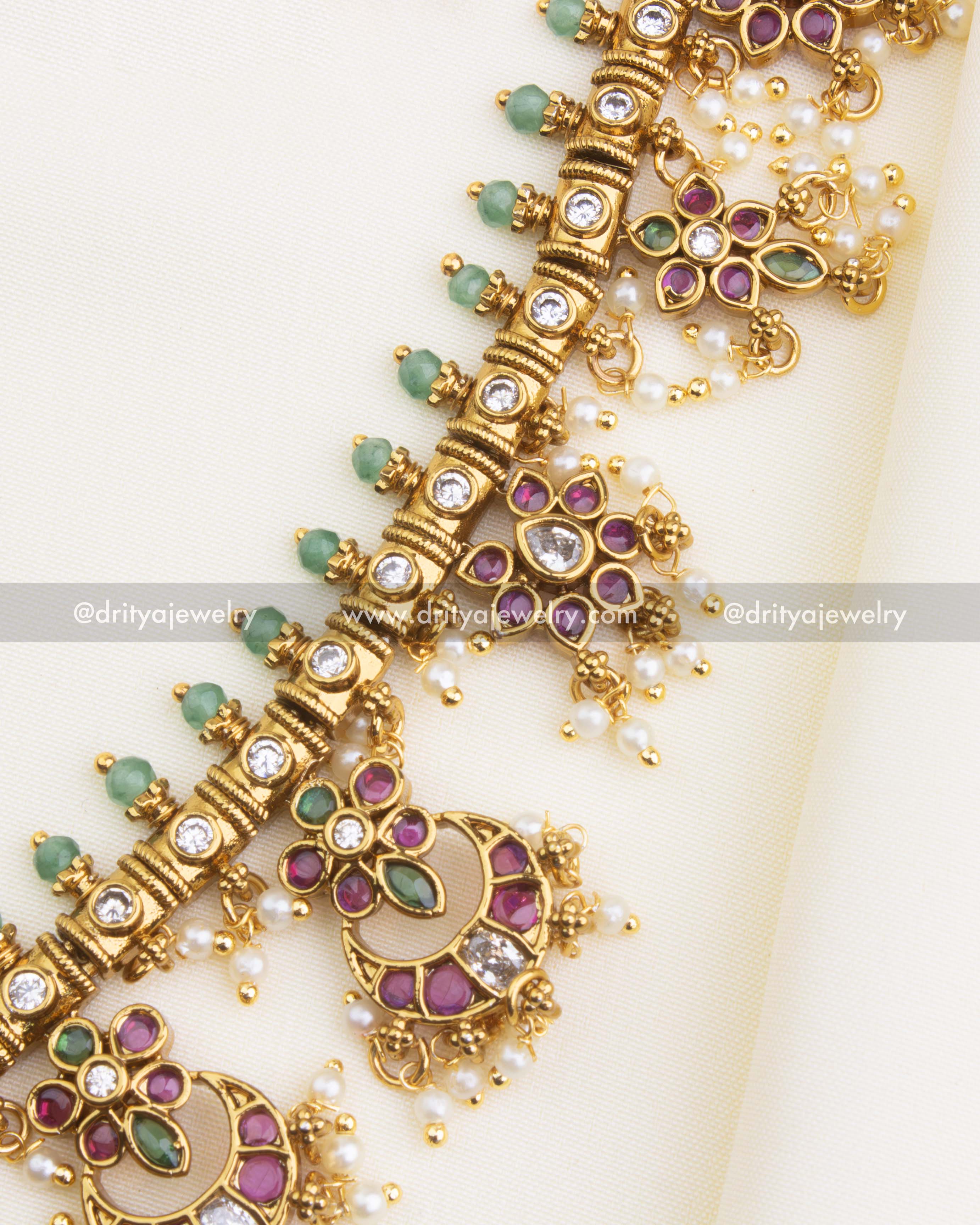 SKU 1170 side view of short necklace detailing with green beads and stones