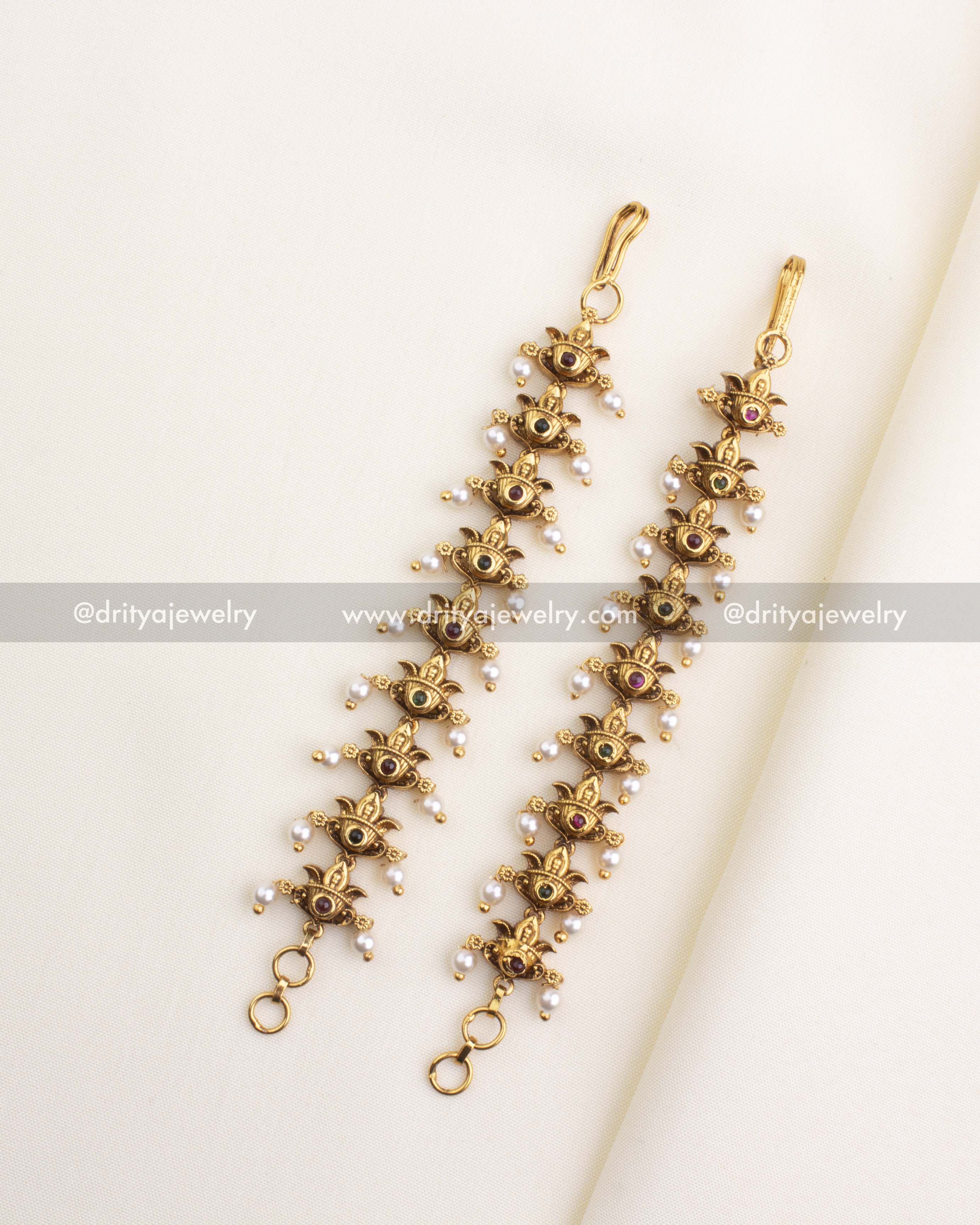 SKU 1182 pair of antique bridal hair chains with hooks and pearl-detailed floral links laid flat