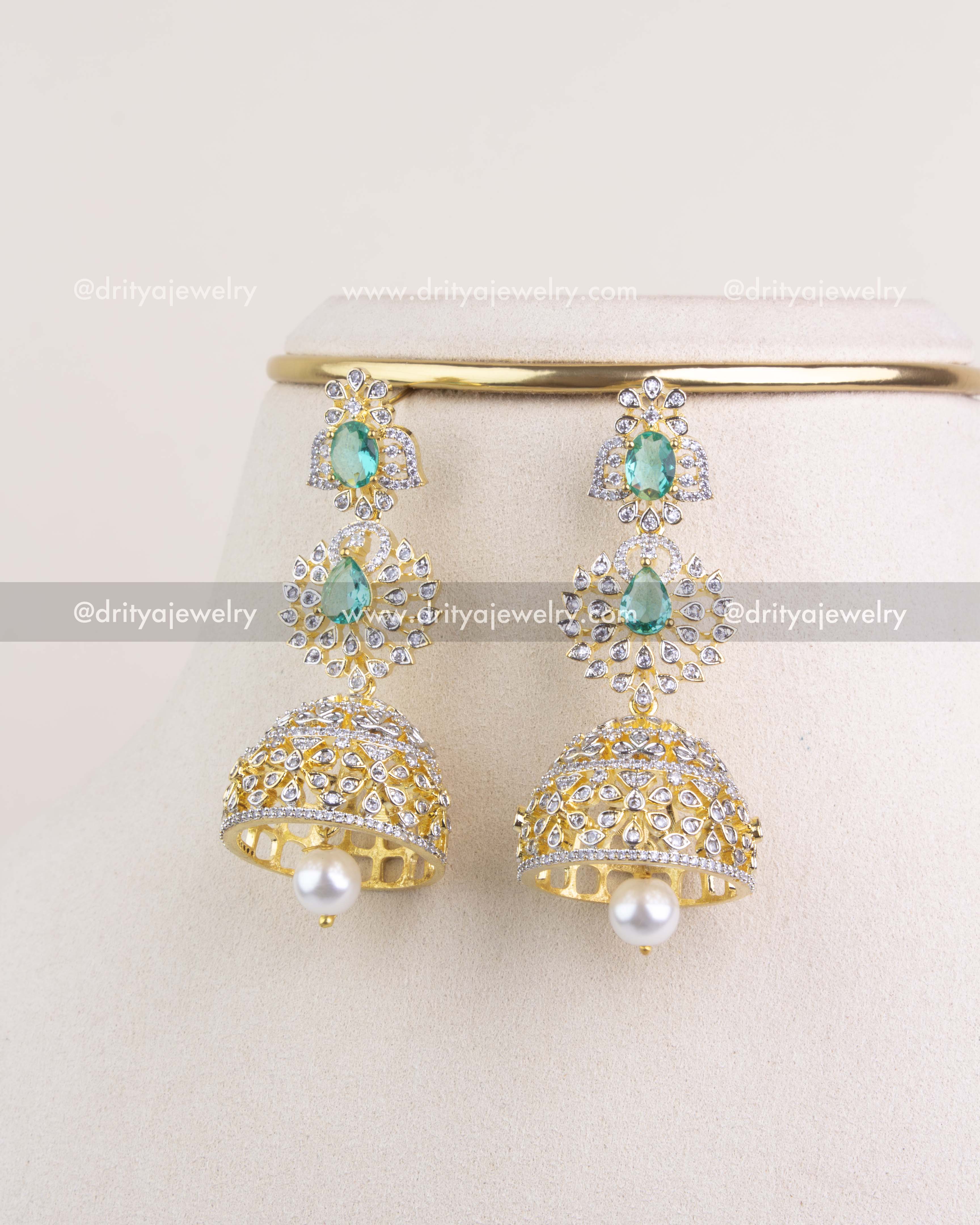 1226-G Emerald and CZ bridal jhumka earrings front view