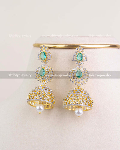 1226-G Emerald and CZ bridal jhumka earrings front view