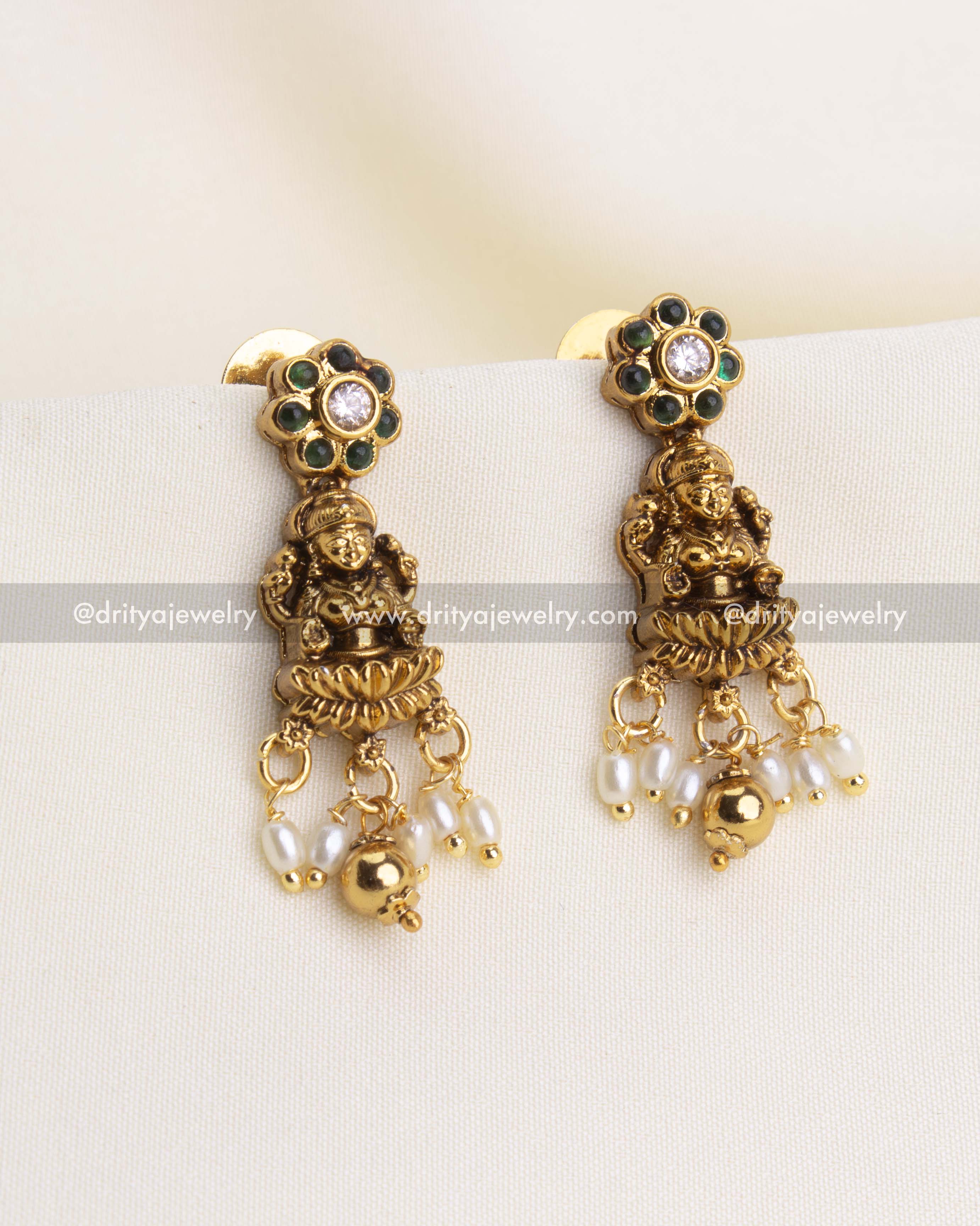 1194 - Temple god idol earrings with pearl-like bead drops front view