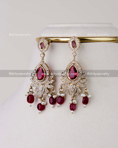 1275-R matching Victorian-style red stone dangler earrings front view