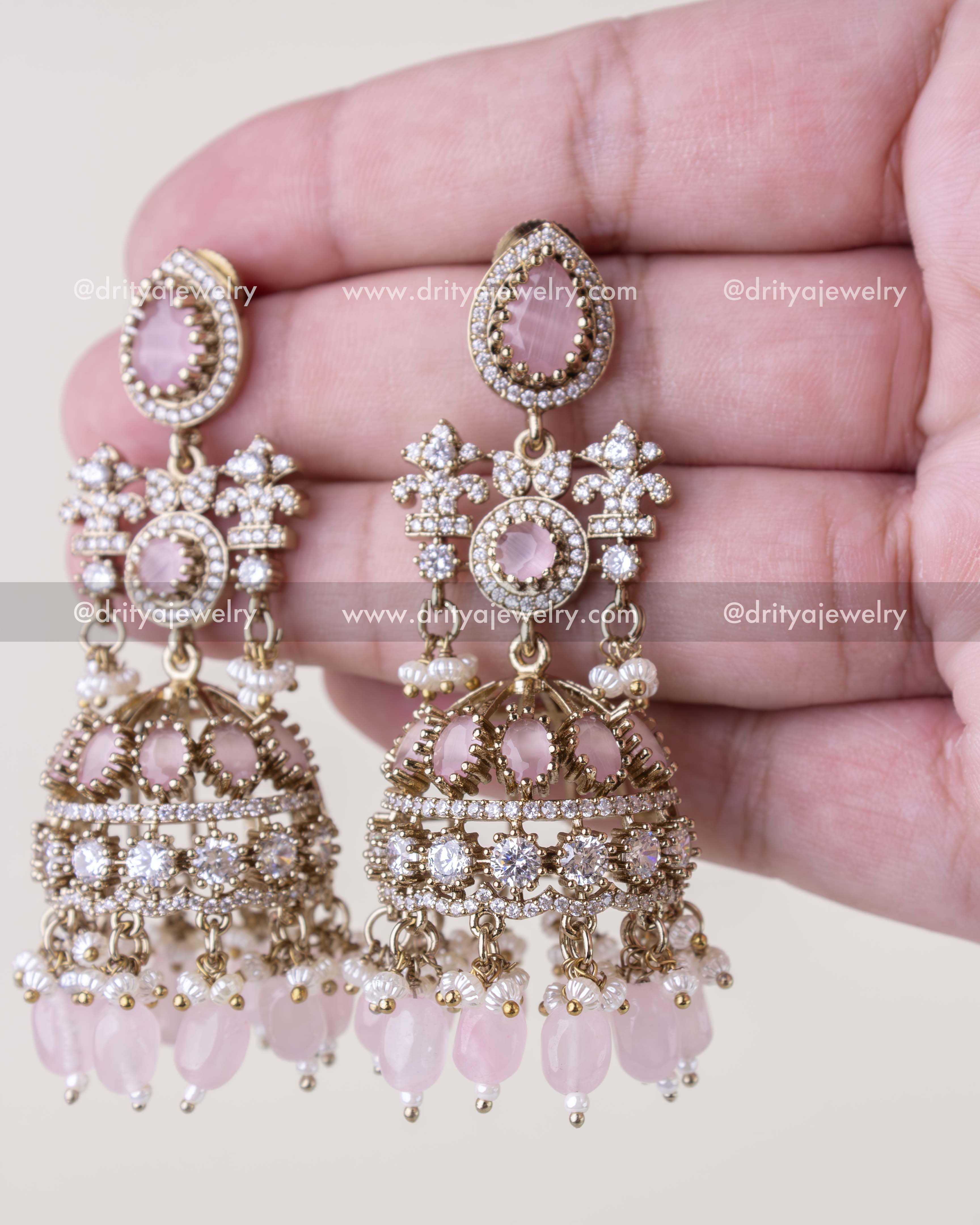 1257-BP close-up of Victorian light gold jhumka earrings with CZ and pink bead hangings