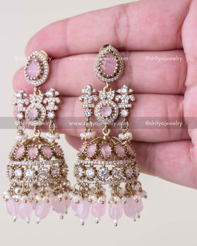 1257-BP close-up of Victorian light gold jhumka earrings with CZ and pink bead hangings