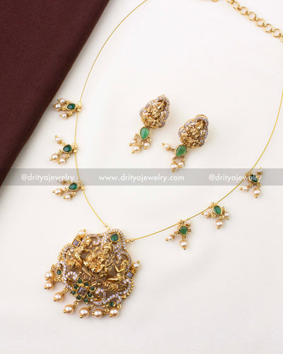 1216-G full temple invisible chain necklace set with Lakshmi pendant and matching studs