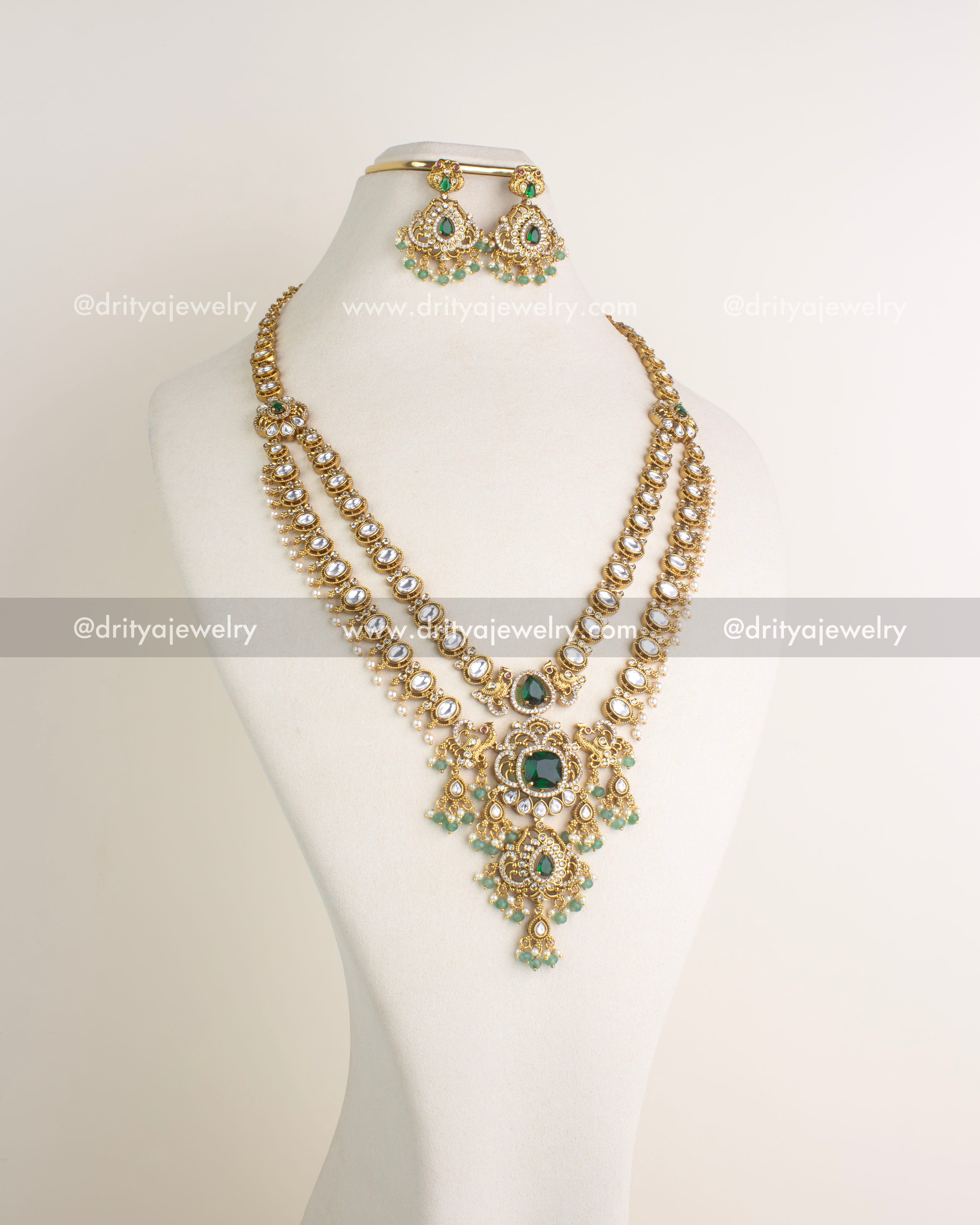 Full display of multi-layer kundan idol necklace set with matching earrings, SKU 1156-G - Necklace Set - Front View
