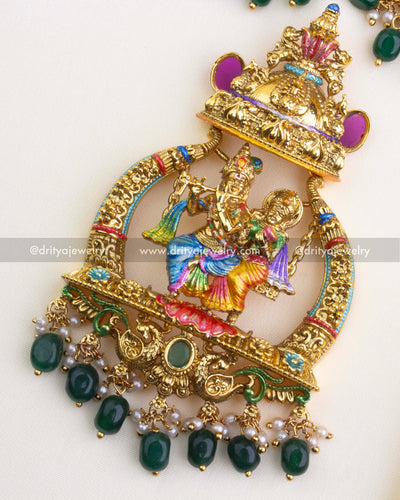 SKU 1115 Necklace Set - close-up of layered Krishna meenakari pendant with bead drops