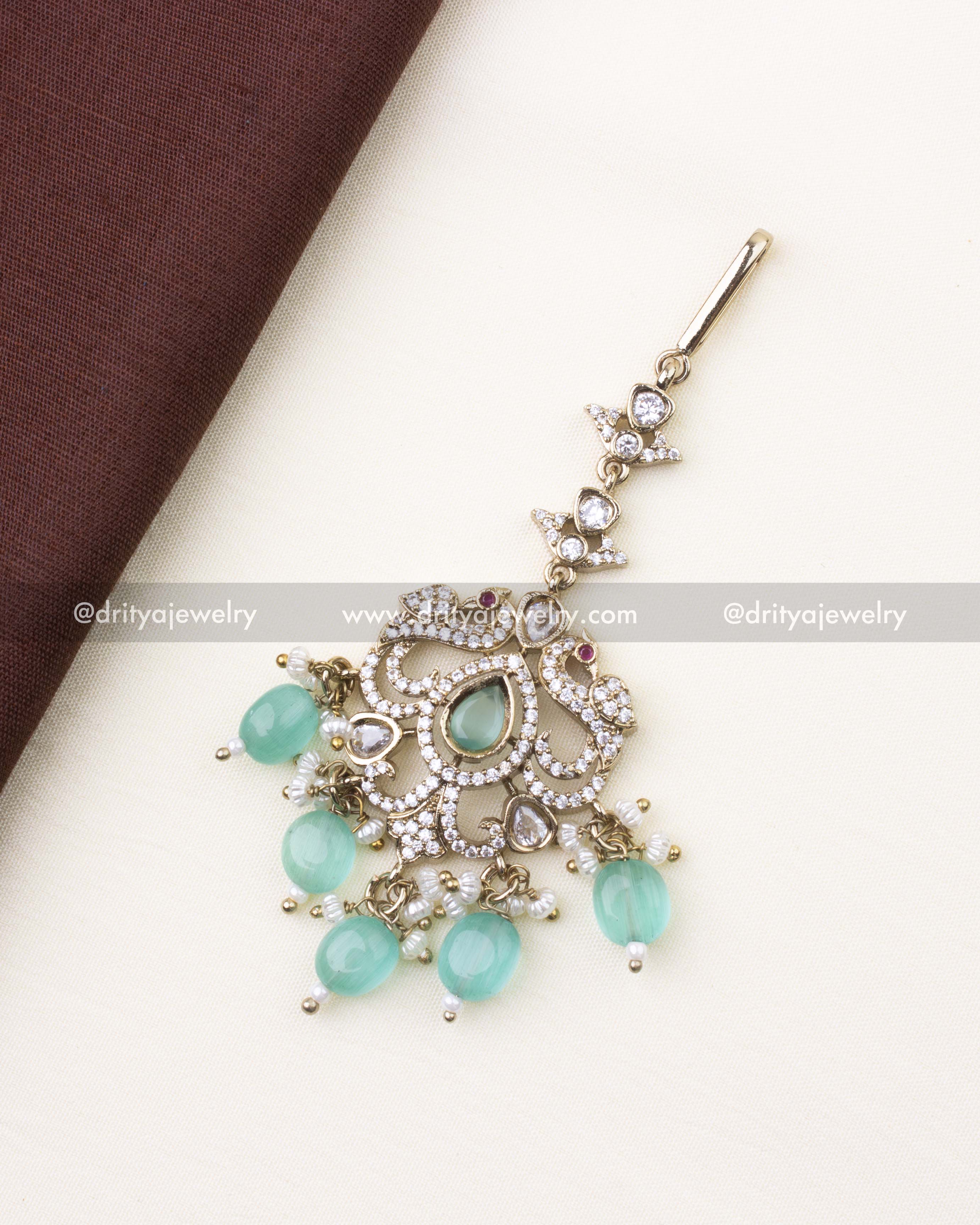 608-MG Victorian style mint beaded maang tikka front view