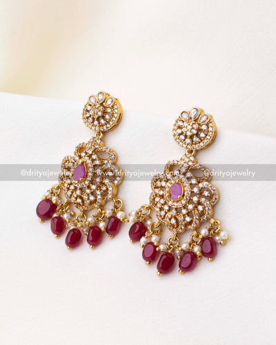 1269-R red stone gold finish dangler earrings front view