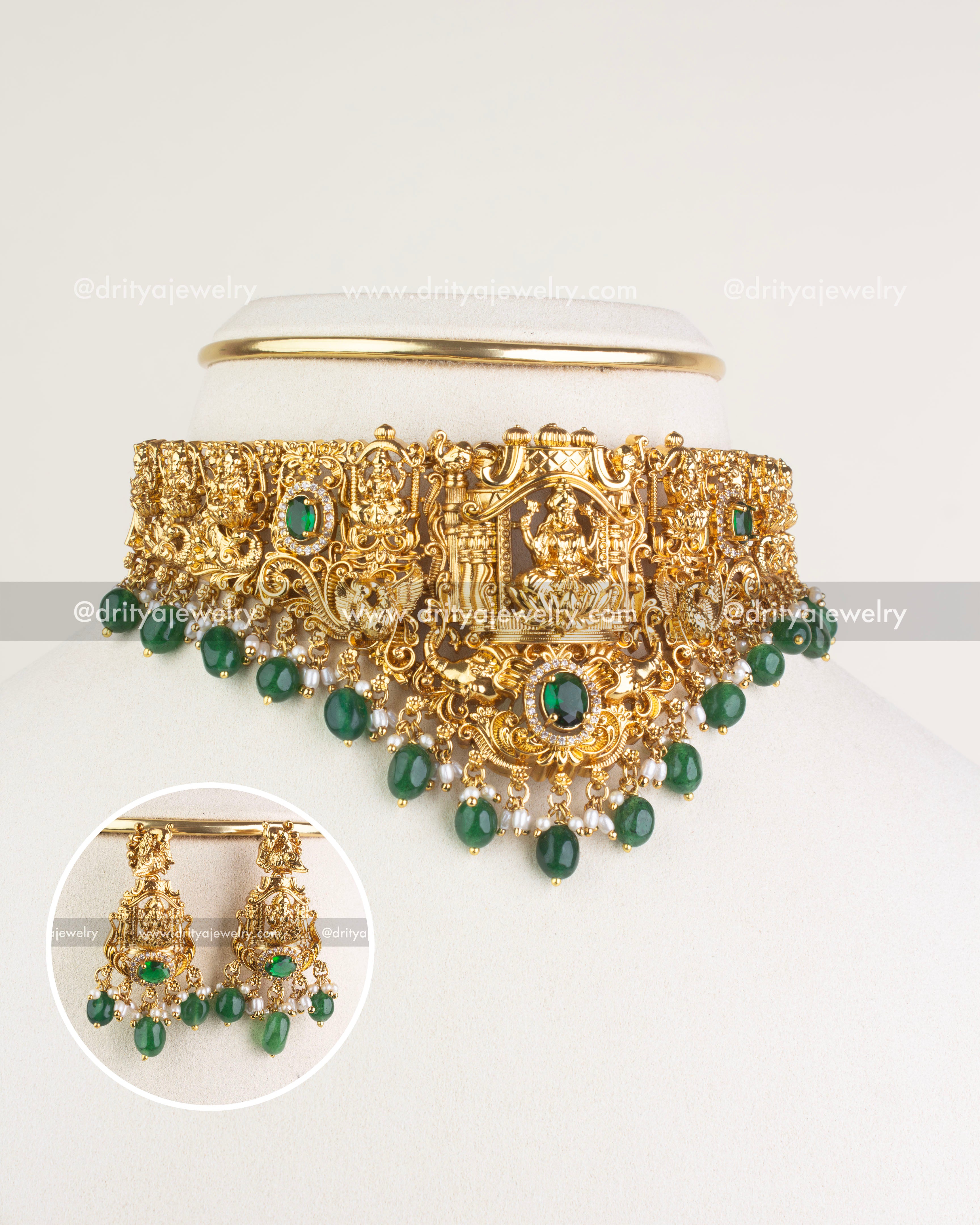 1117-G - Necklace Set - Choker front view with inset showing matching emerald drop earrings