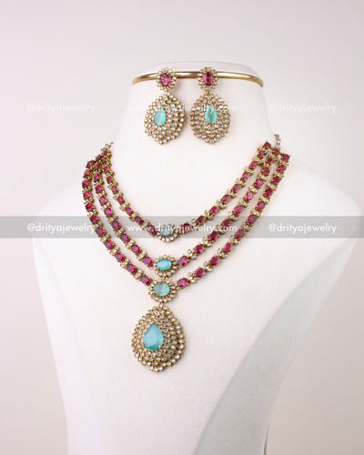 1296-R full Victorian layered ruby mint necklace set with earrings on display