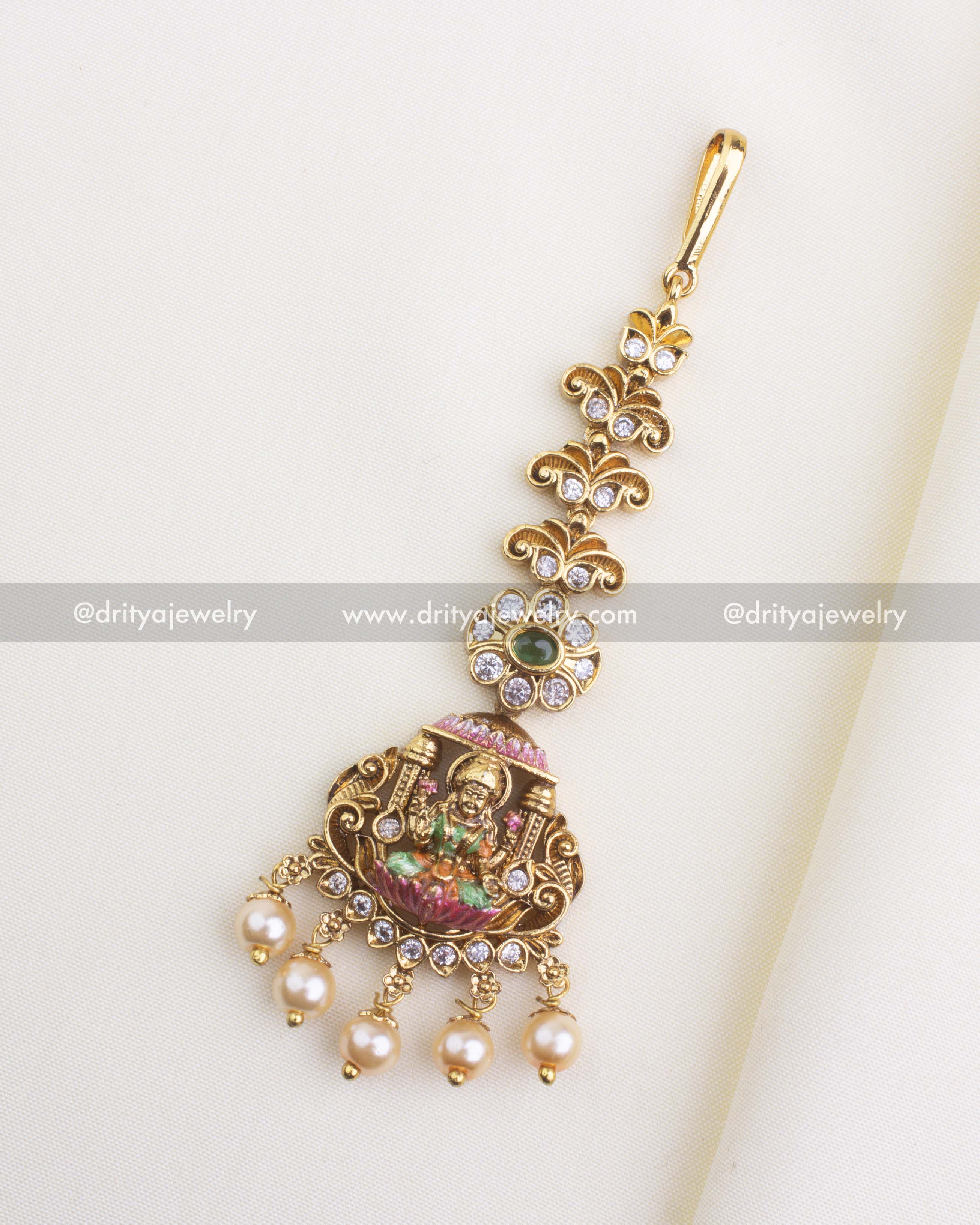 SKU 1103 full view of gold-toned temple meenakari god idol maang tikka with pearl danglers