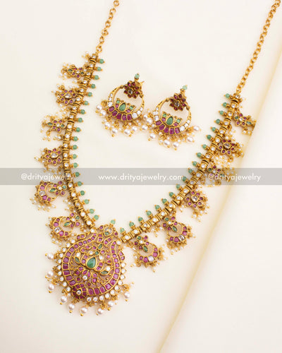 SKU 1170 complete butta stone short necklace set with earrings laid flat