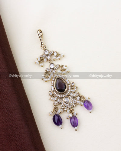 1275-PU close-up of purple stone maang tikka with bead drops