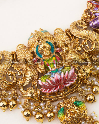 SKU 1262 - Center Lakshmi Devi pendant on short temple necklace with lotus meenakari work