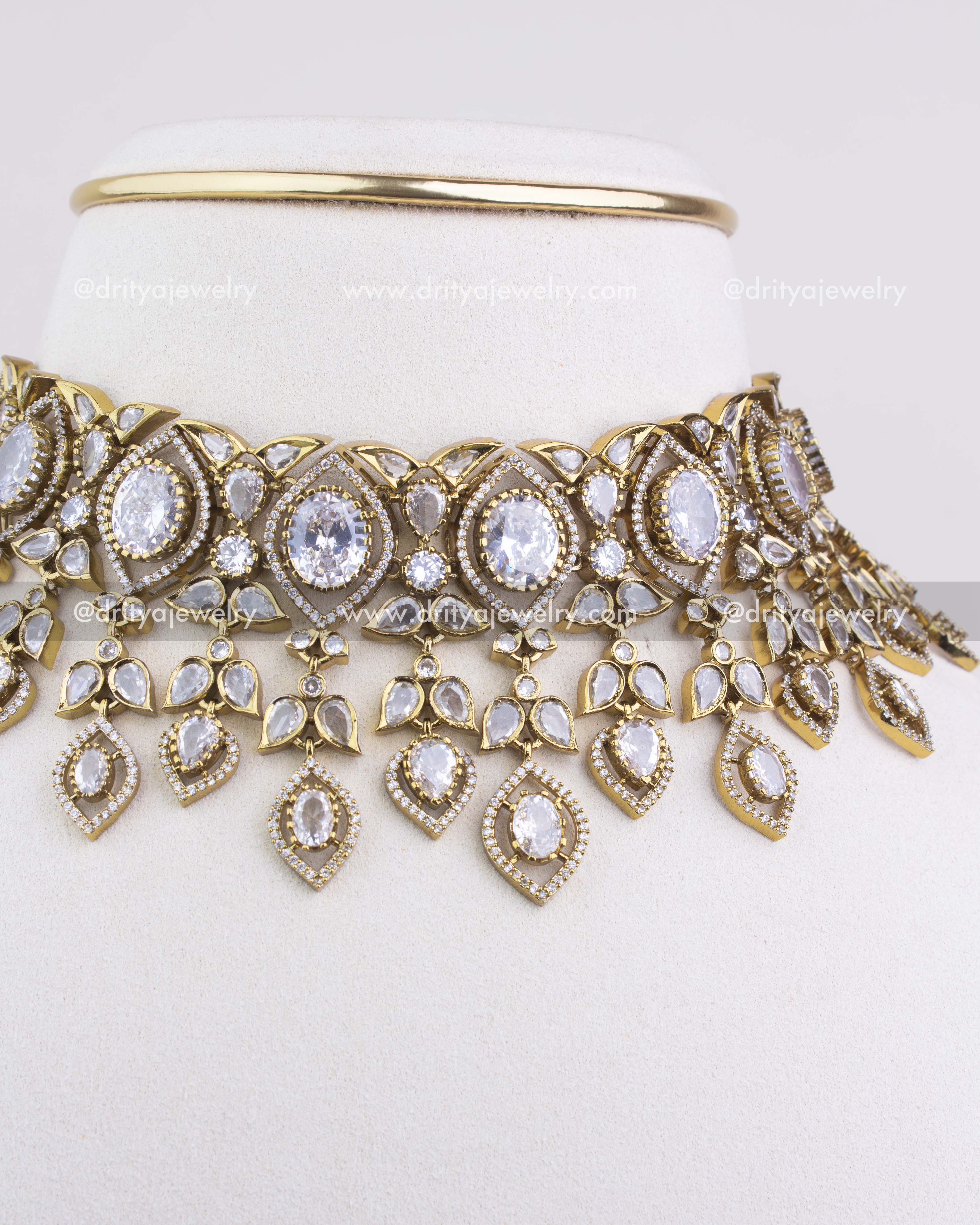 1236-W side-front view of Victorian choker necklace highlighting cascading stone-studded drops