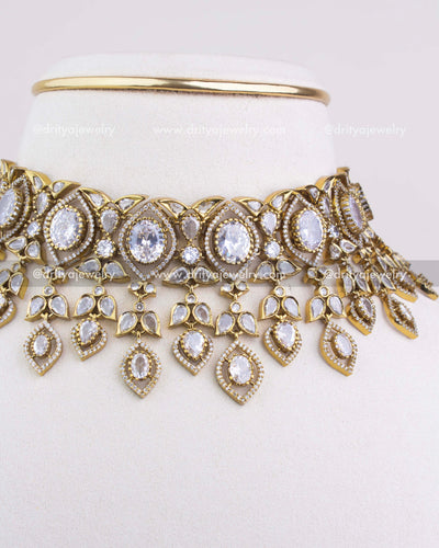 1236-W side-front view of Victorian choker necklace highlighting cascading stone-studded drops