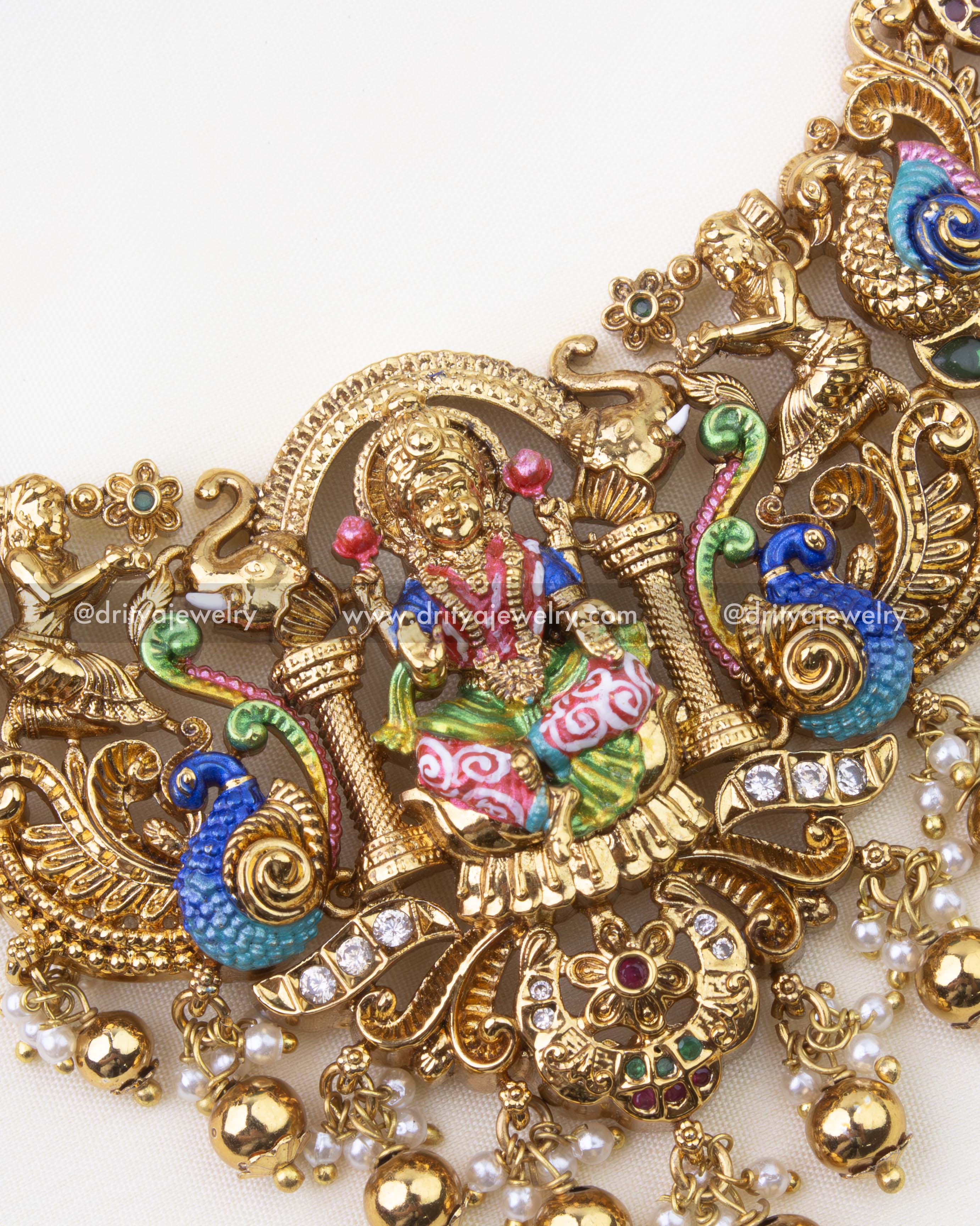 SKU 1280 central Lakshmi Devi pendant with colourful meenakari and pearl-gold drops