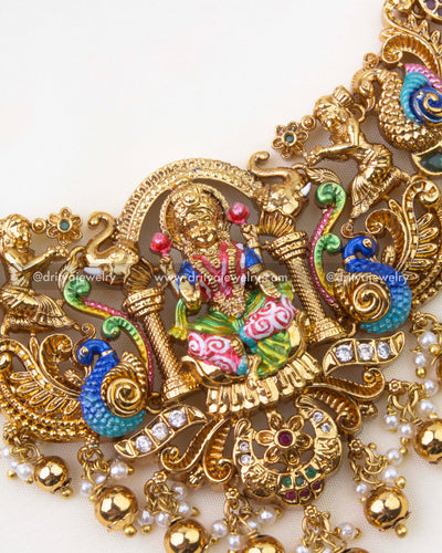 SKU 1280 central Lakshmi Devi pendant with colourful meenakari and pearl-gold drops