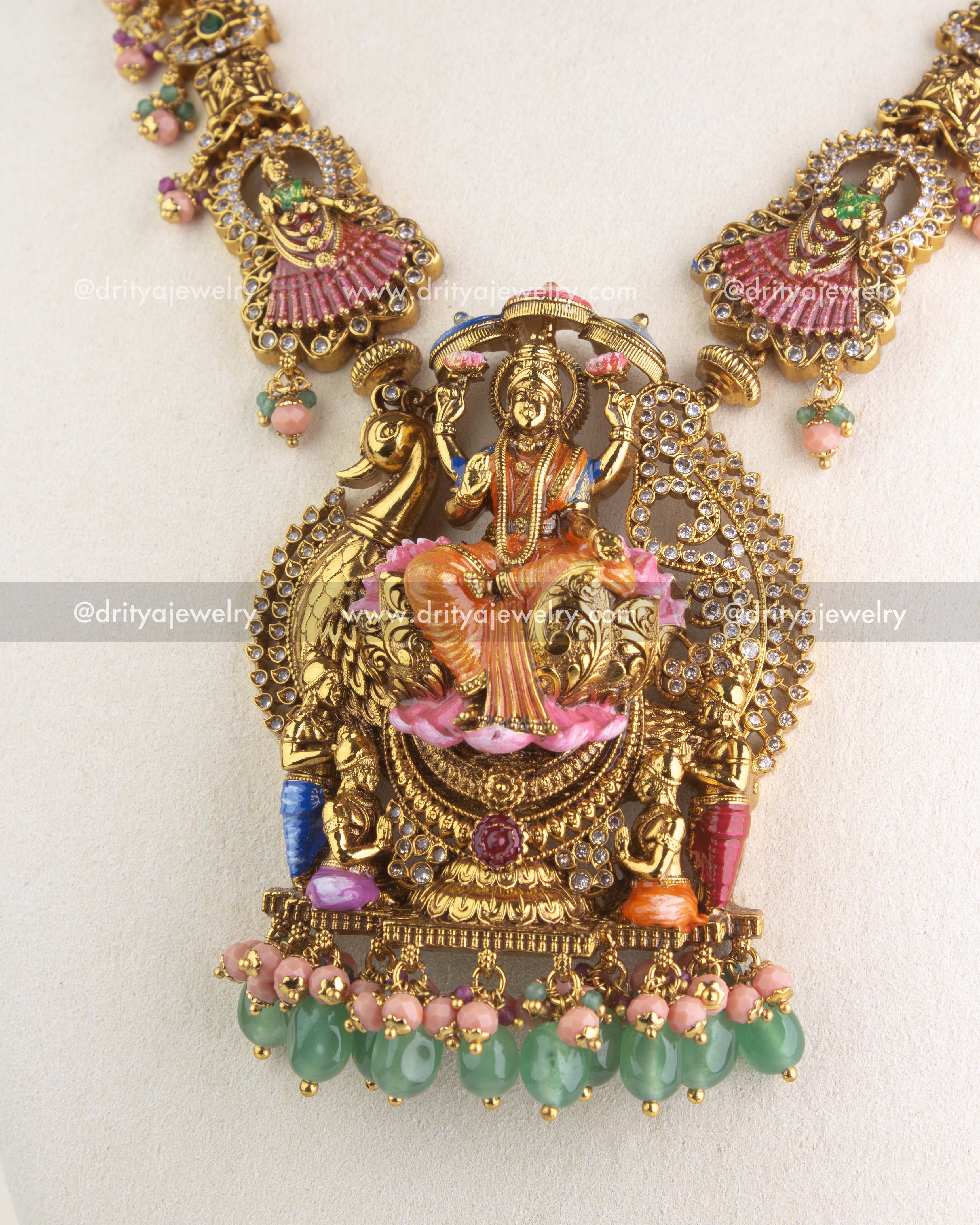 1197 Necklace Set close-up of side deity pendant with meenakari and stones