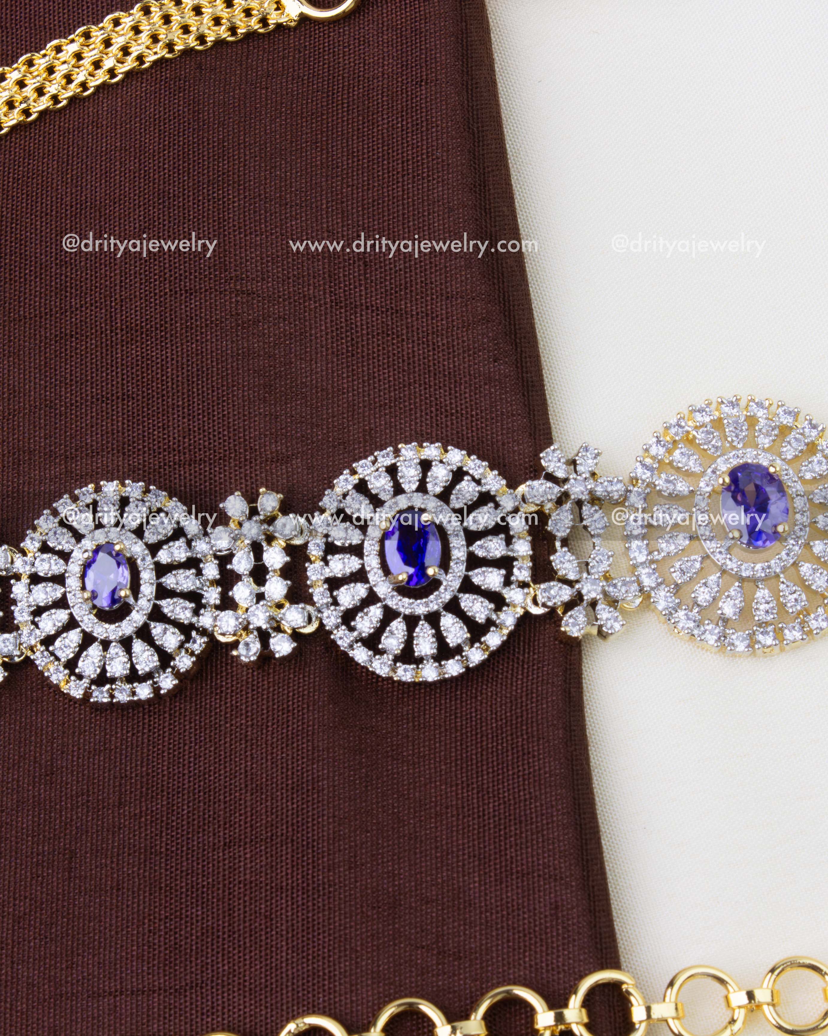 1291-PU side view of linked CZ medallions and chain extension on hip chain