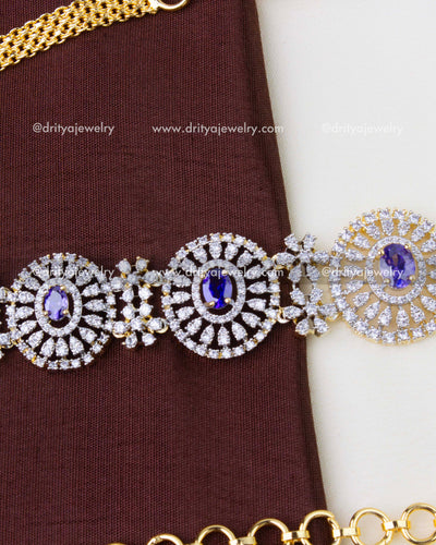 1291-PU side view of linked CZ medallions and chain extension on hip chain