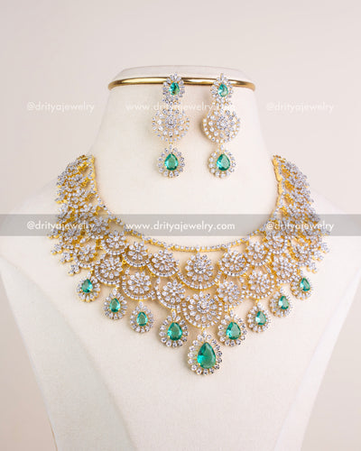 1209-RE full display of premium diamond replica short necklace set with earrings