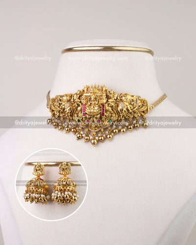 1282 - Premium antique gold god idol nakshi choker necklace set with jhumka earrings front view