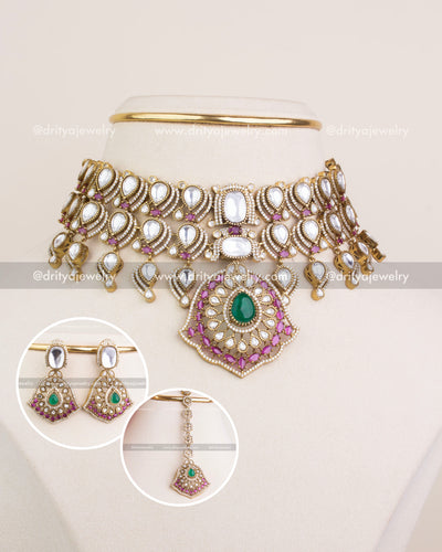 SKU 1234 premium Kundan choker necklace set with pendant, earrings and maang tikka front view