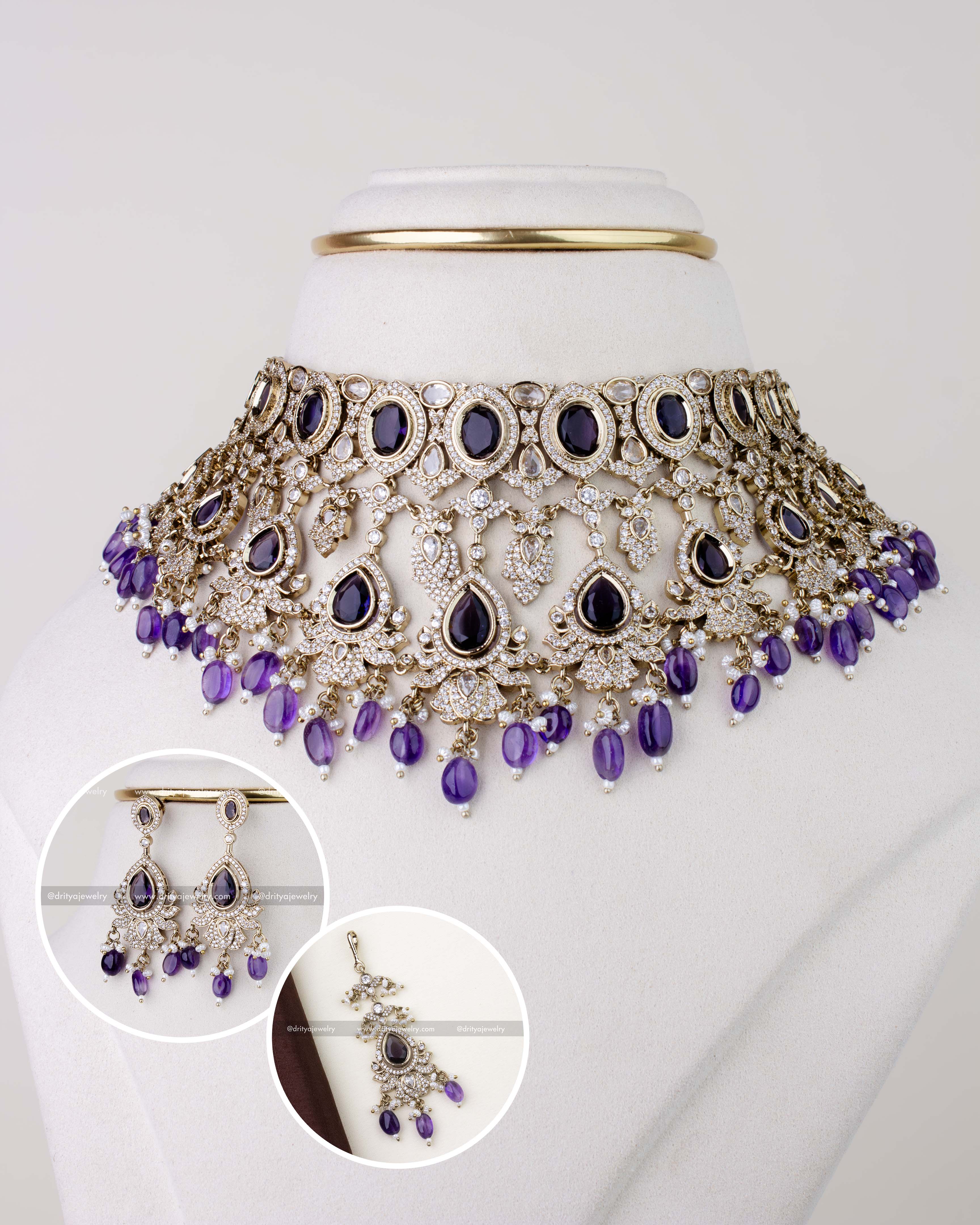 1275-PU Victorian purple stone choker necklace set with earrings and maang tikka front view