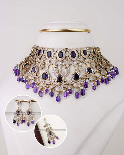1275-PU Victorian purple stone choker necklace set with earrings and maang tikka front view