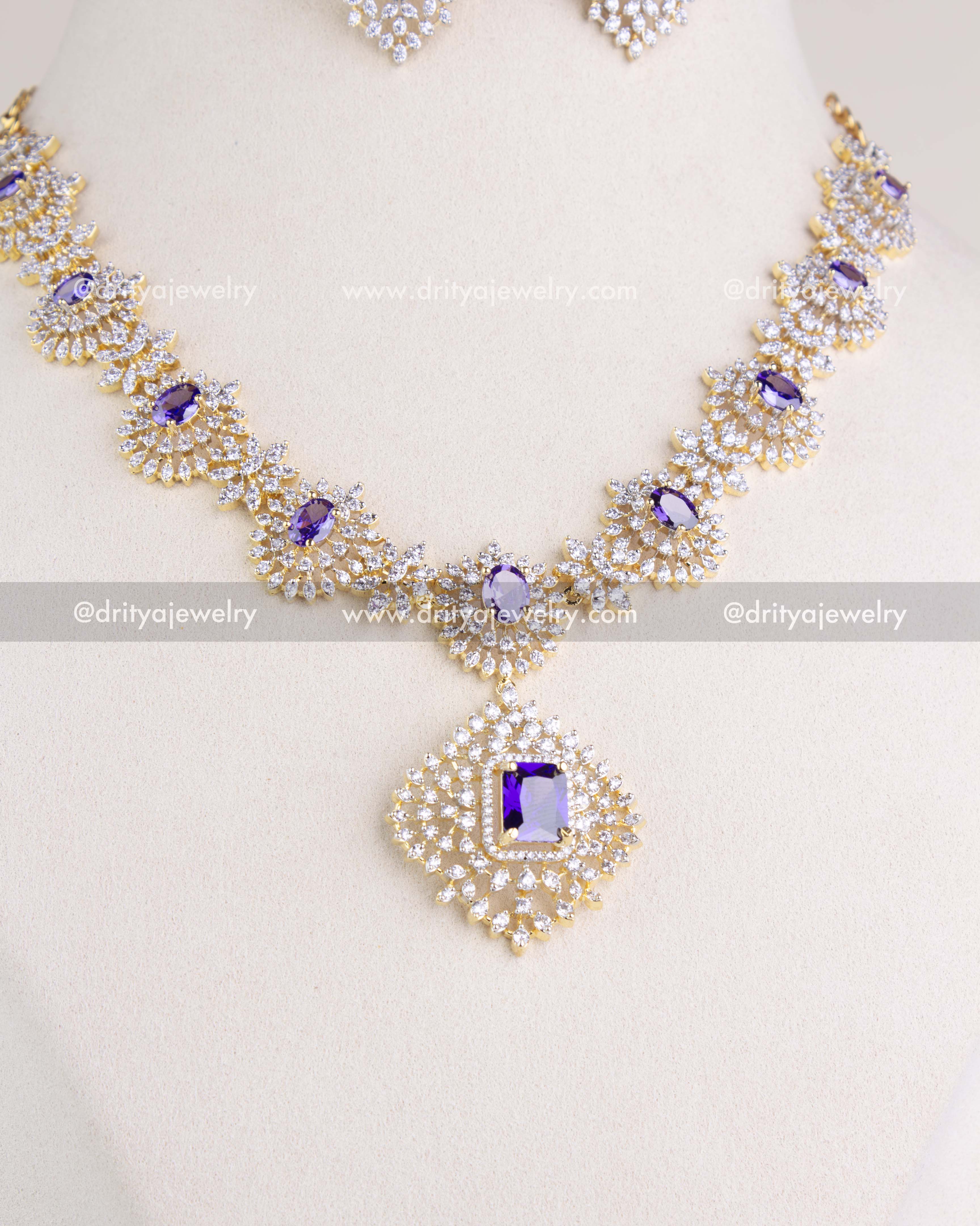 1210-PU necklace front focus with central pendant and purple emerald-cut stone