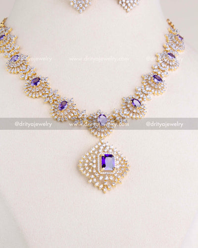 1210-PU necklace front focus with central pendant and purple emerald-cut stone