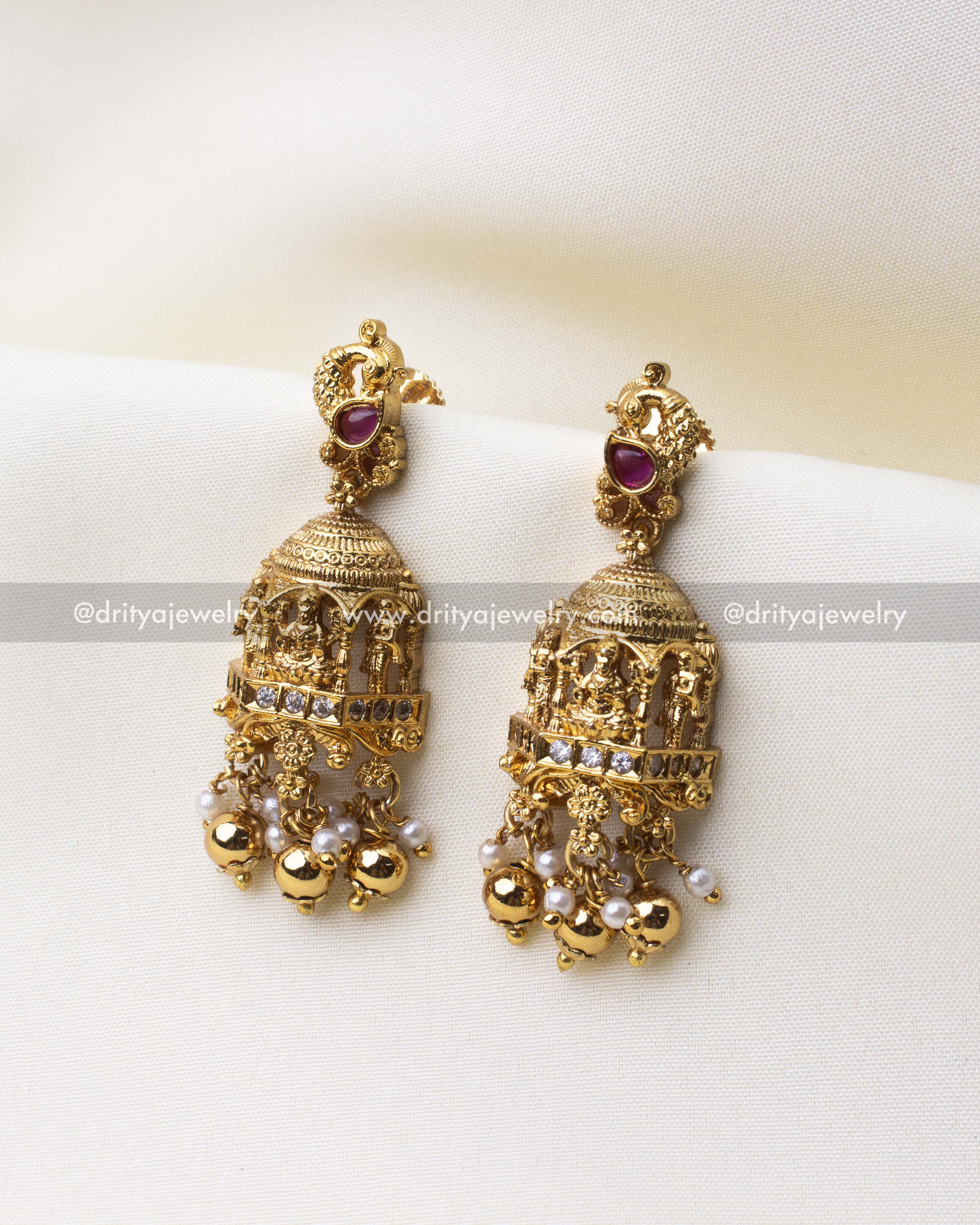 1219-R pair of temple god idol jhumka earrings with peacock tops and pearl drops