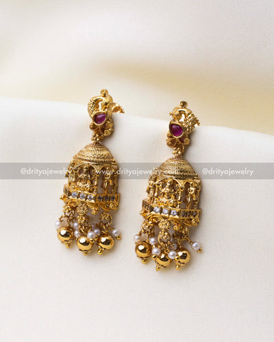 1219-R pair of temple god idol jhumka earrings with peacock tops and pearl drops