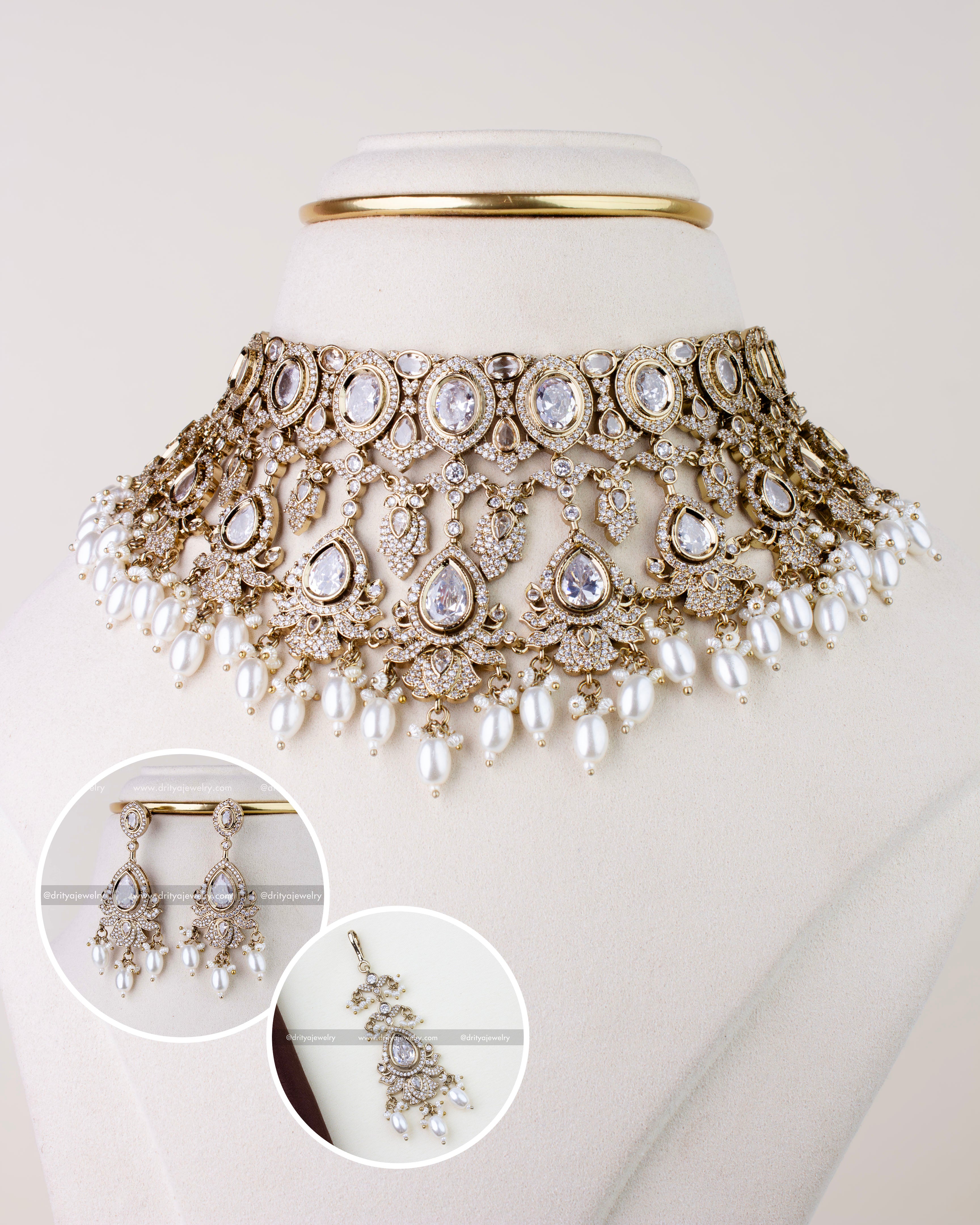 1275-W Victorian diamond white pearl choker necklace set with earrings and maang tikka front view