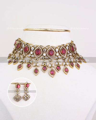 1236-R Victorian red stone choker necklace set with matching dangler earrings front view