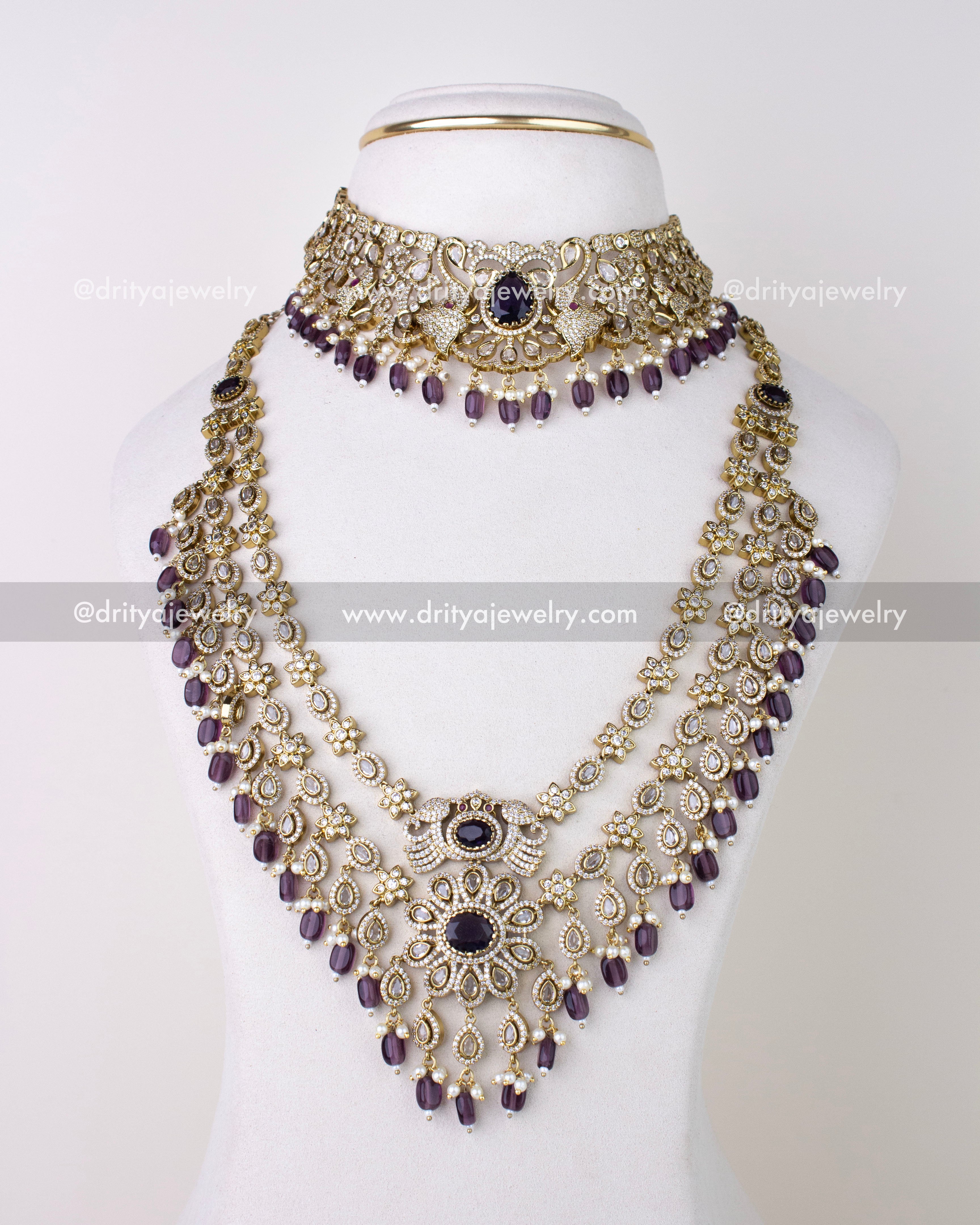 1309-PUSET bridal Victorian combo set with choker and triple-layer necklace front view