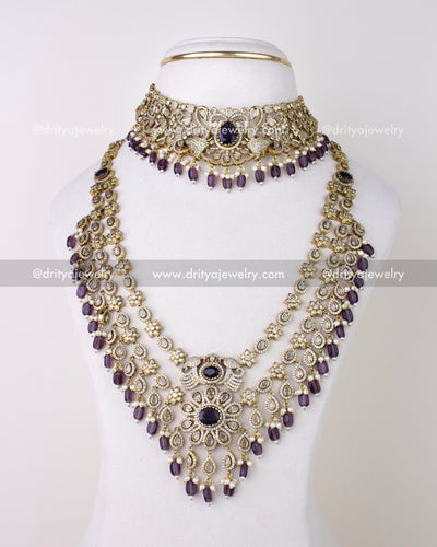 1309-PUSET bridal Victorian combo set with choker and triple-layer necklace front view