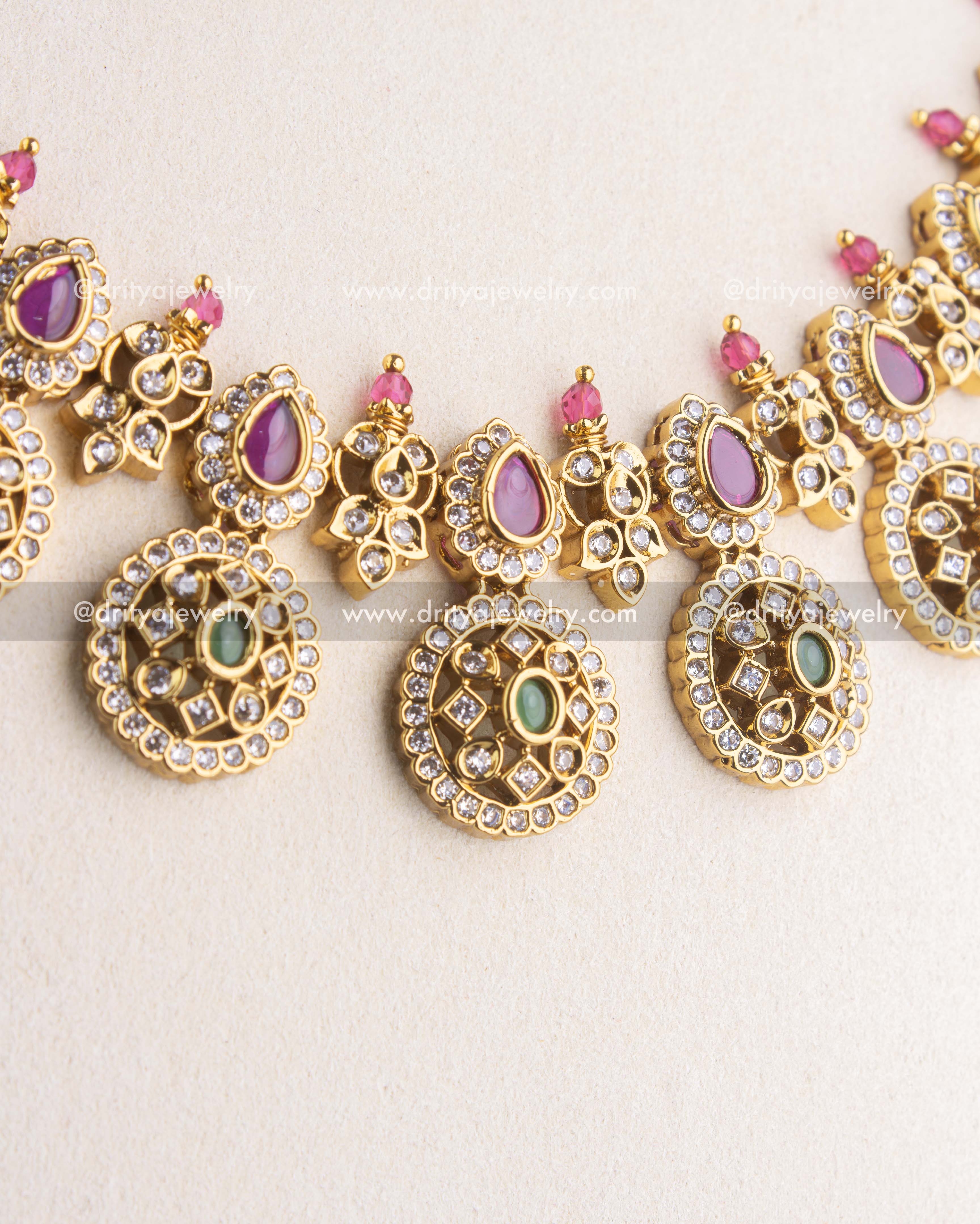 SKU 1153 Necklace Set close-up of bottu mala center detailing with CZ stones and coloured drops