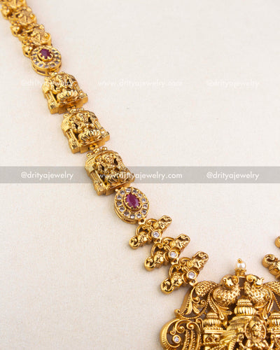 1240-R detailed view of temple necklace links with deity motifs and ruby stones