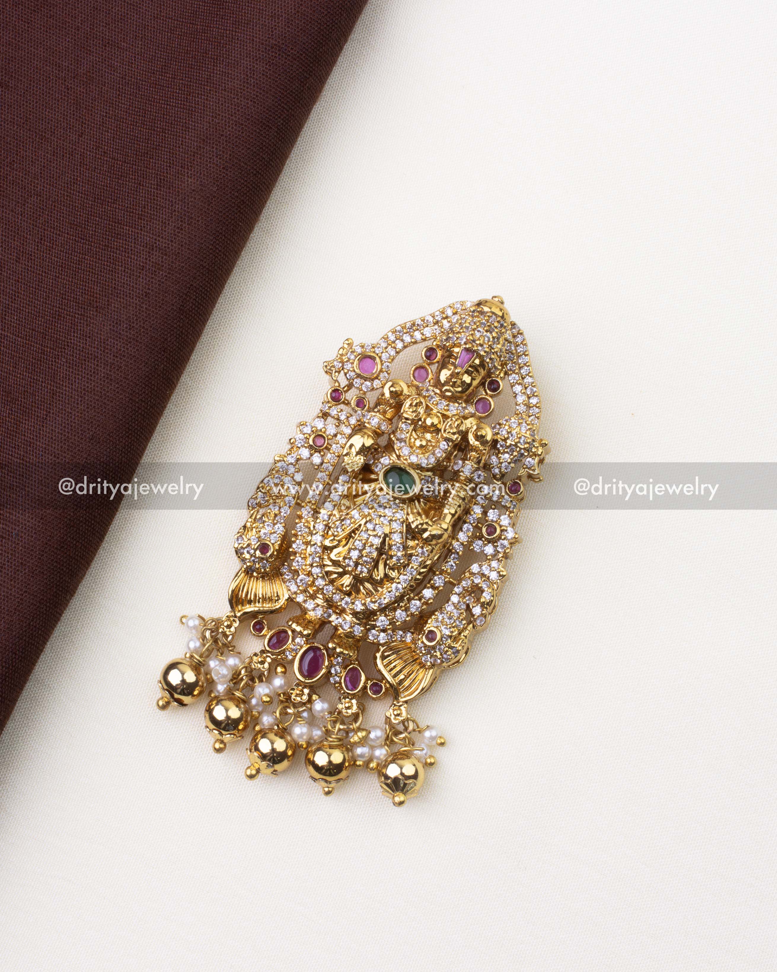 Premium Lord Balaji CZ stone-studded gold-plated pendant with pearl-like bead drops front view