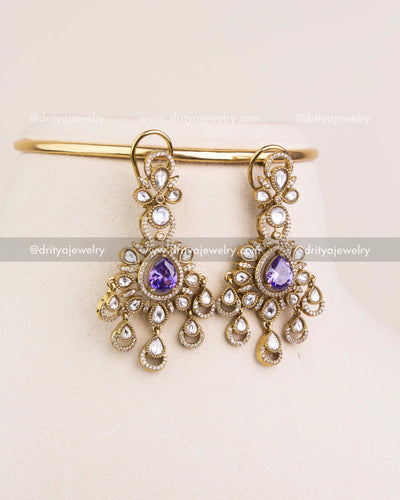 1237-PU matching chandelier earrings with purple stones and kundan drops